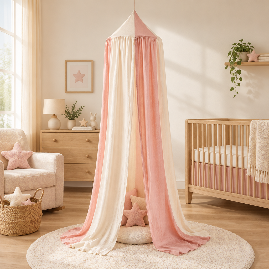 Ciel de lit bébé rose poudré et ivoire avec peluches étoiles dans une chambre beige