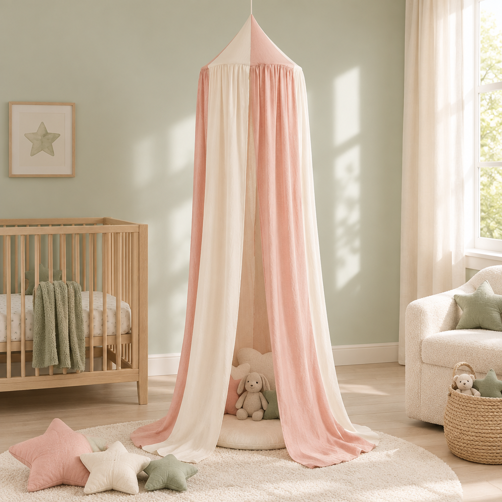 Ciel de lit bébé rose poudré et ivoire avec peluches étoiles dans une chambre vert sauge
