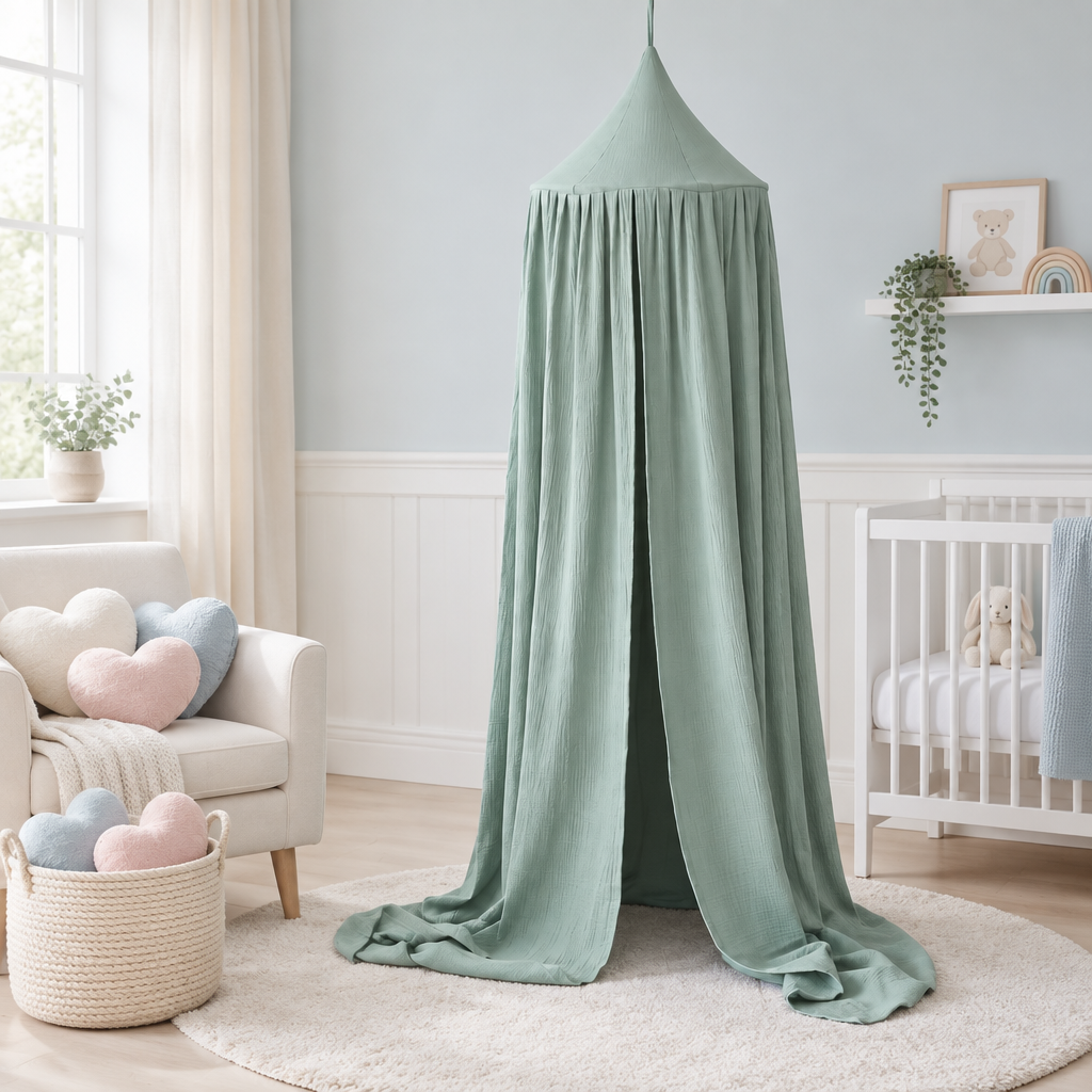 Ciel de lit bébé vert menthe avec peluches cœurs dans une chambre bleu doux