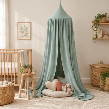 Ciel de lit bébé vert menthe avec peluches cœurs dans une chambre botanique