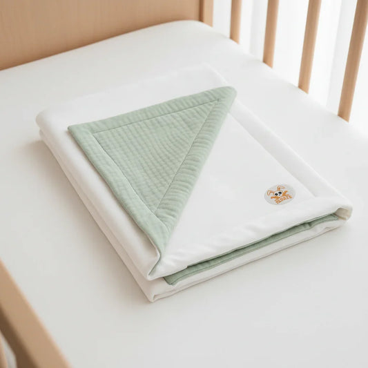 Couverture Bébé en Coton Bio – Vert Céladon & Polaire Blanche