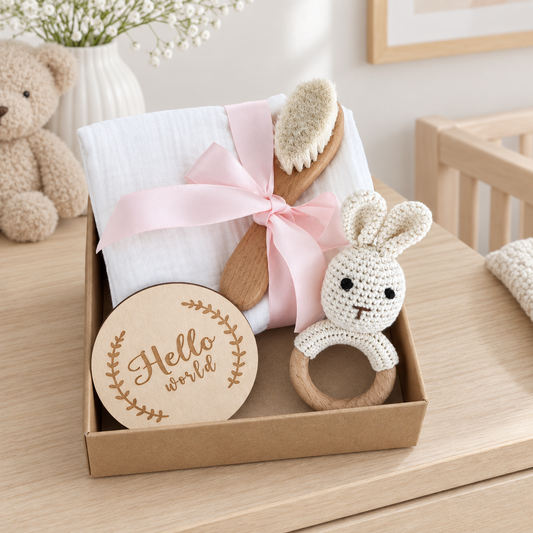 Coffret naissance bébé Lapin au crochet sur une commode claire