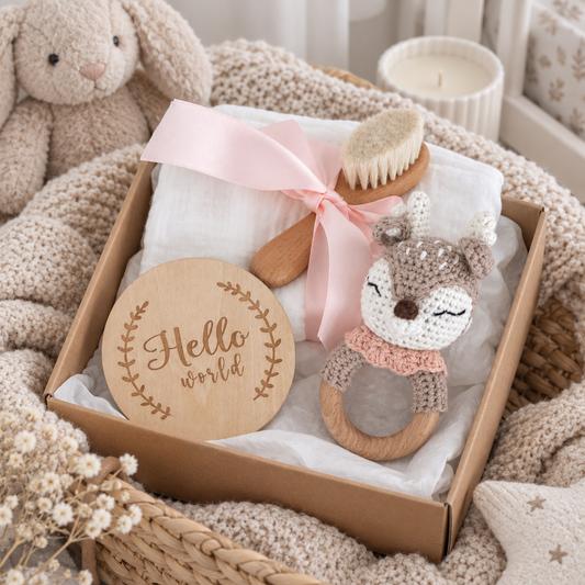 Coffret naissance bébé Faon au crochet ouvert dans un panier en osier