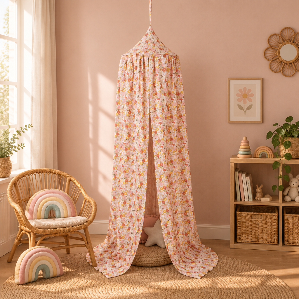 Coin bohème rose poudré avec ciel de lit Jardin fleuri rose et peluches arc-en-ciel