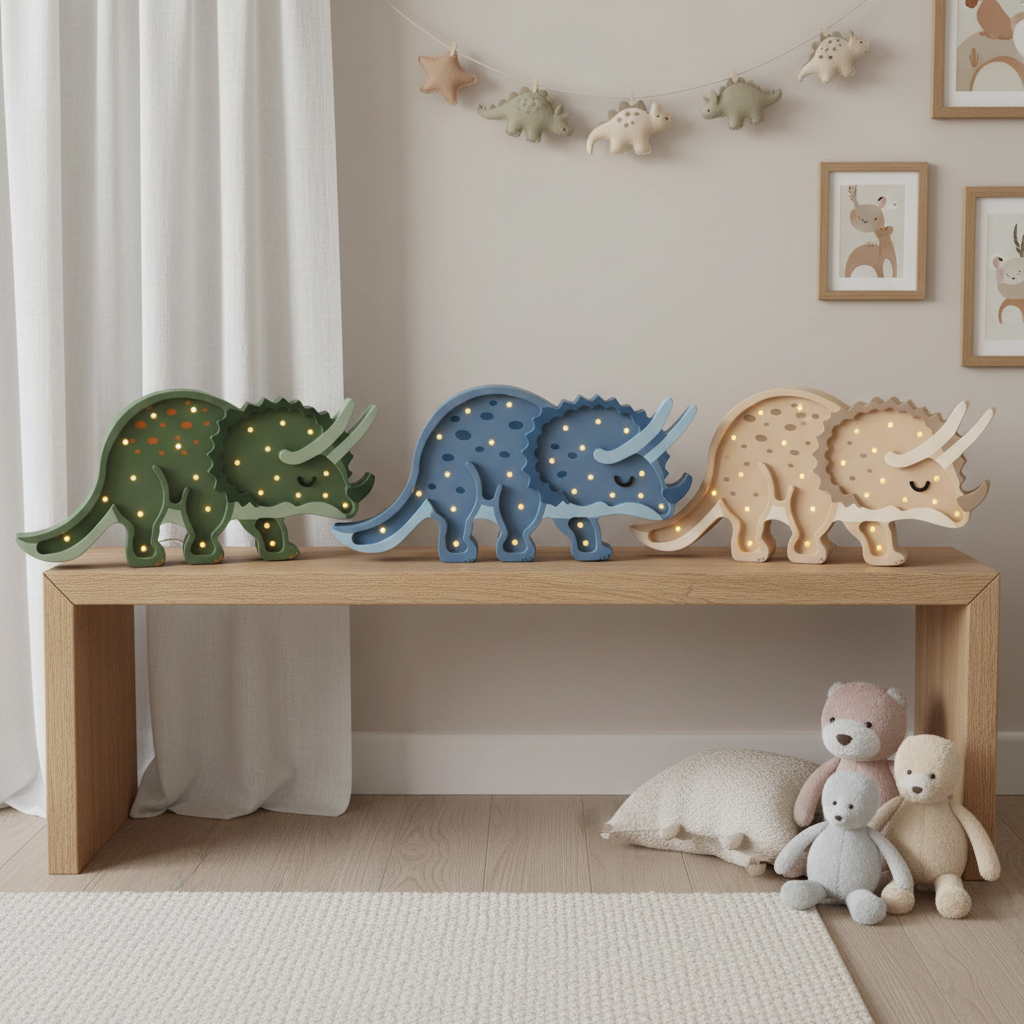 Veilleuses bébé Tricératops en trois coloris dans une chambre cosy