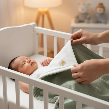 Couverture Bébé en Coton Bio – Vert Céladon & Polaire Blanche BÉBÉ Familyfirstbaby