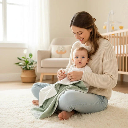 Couverture Bébé en Coton Bio – Vert Céladon & Polaire Blanche BÉBÉ Familyfirstbaby