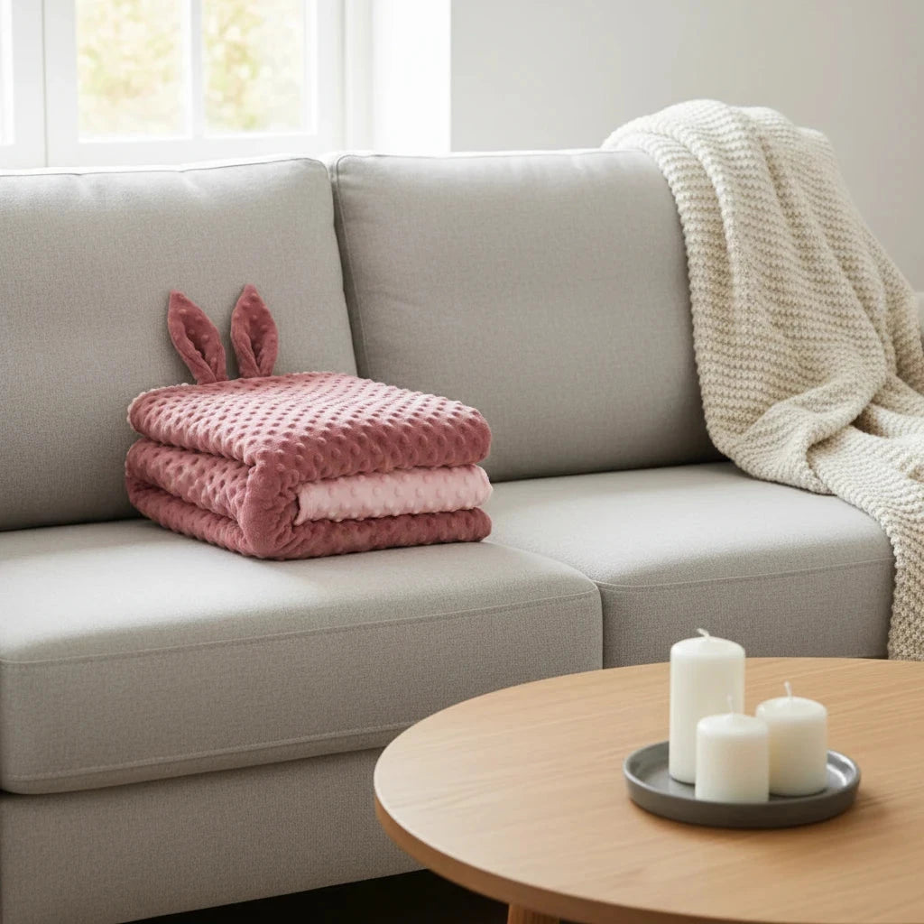 🧸 Couverture Double Face Bébé avec Oreilles de Lapin – Rose Poudré BÉBÉ Familyfirstbaby