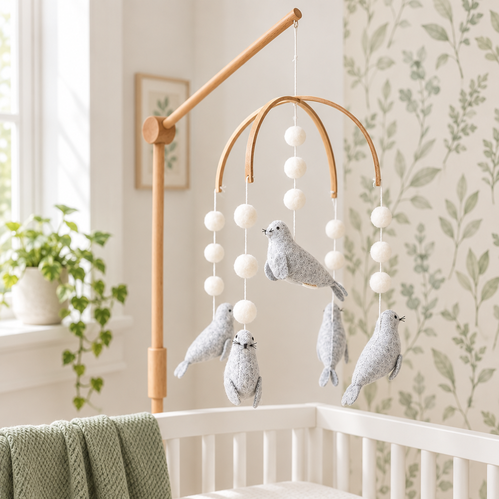 Mobile bébé Phoques dans une chambre avec décoration végétale sauge