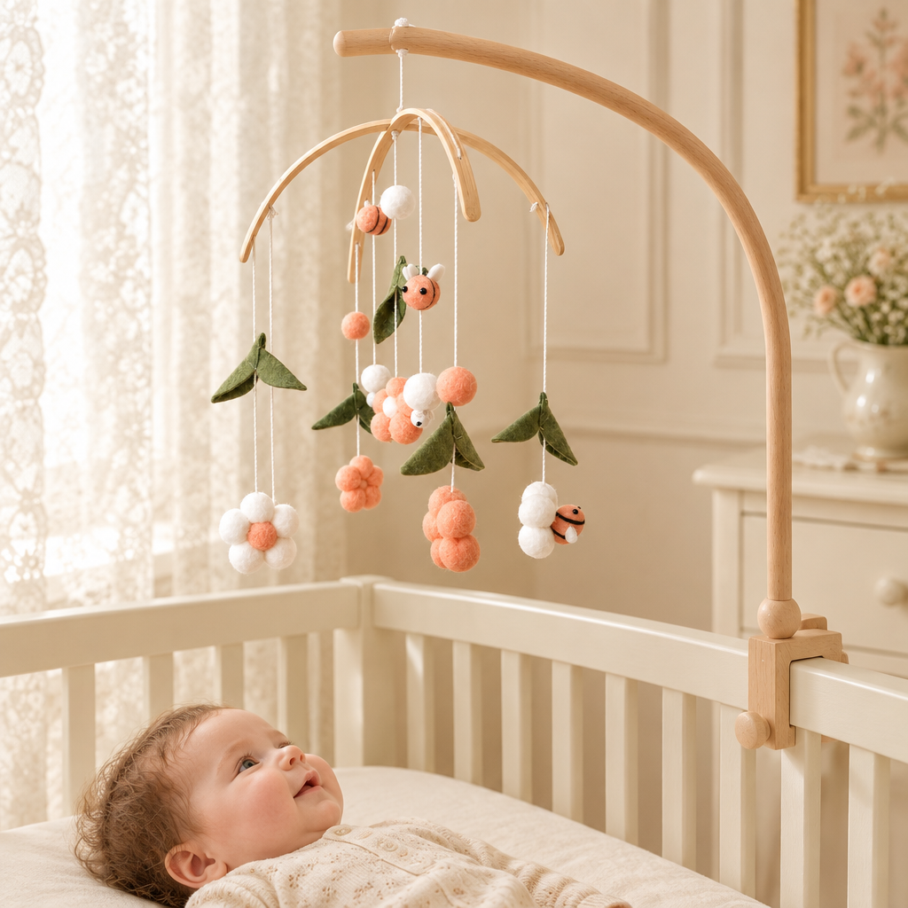 Détail du mobile bébé Abeilles roses et de son support en bois