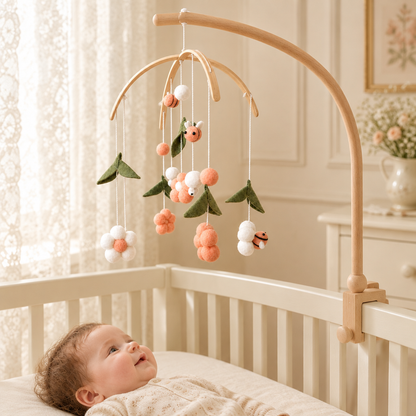 Détail du mobile bébé Abeilles roses et de son support en bois