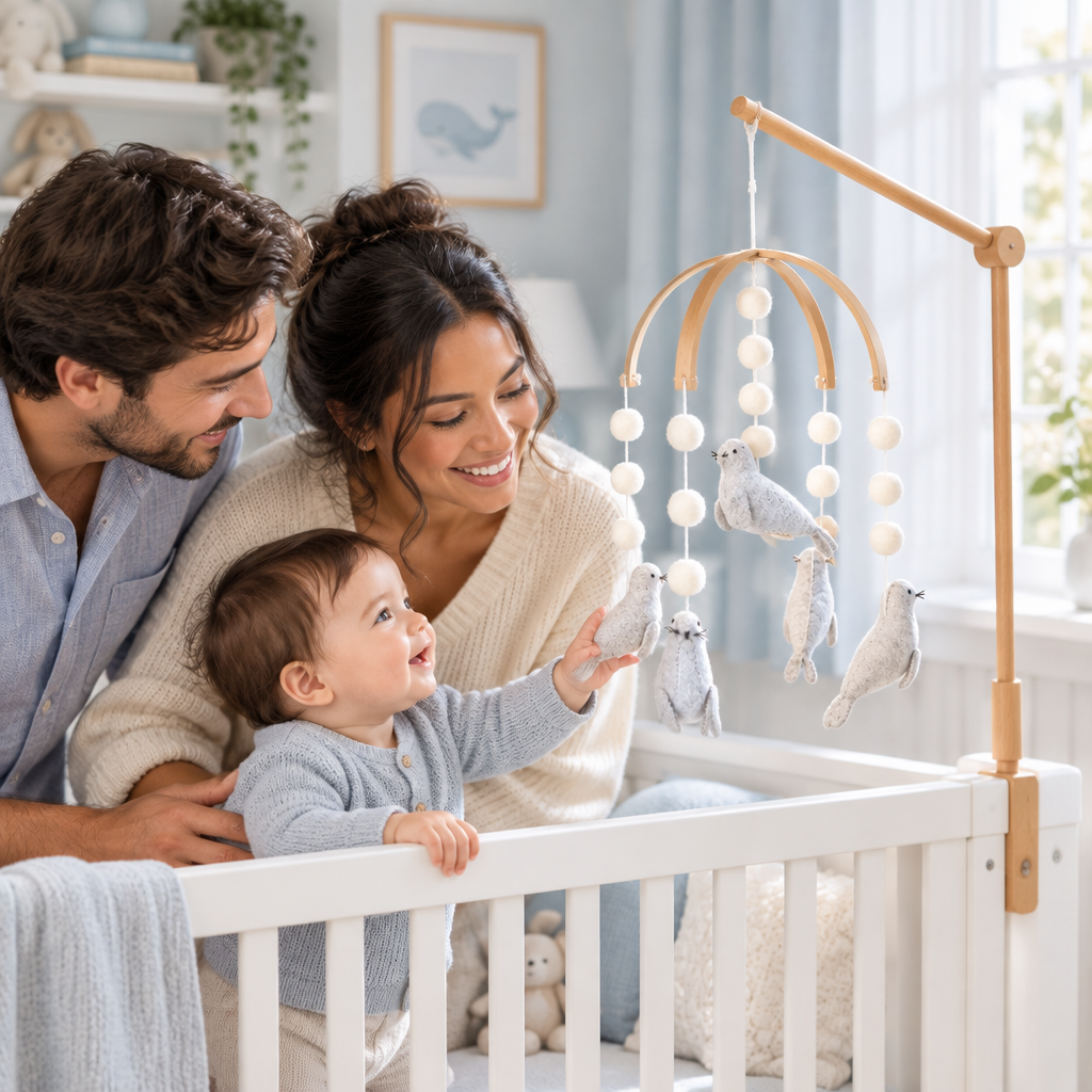 Famille réunie près du berceau avec le mobile bébé Phoques