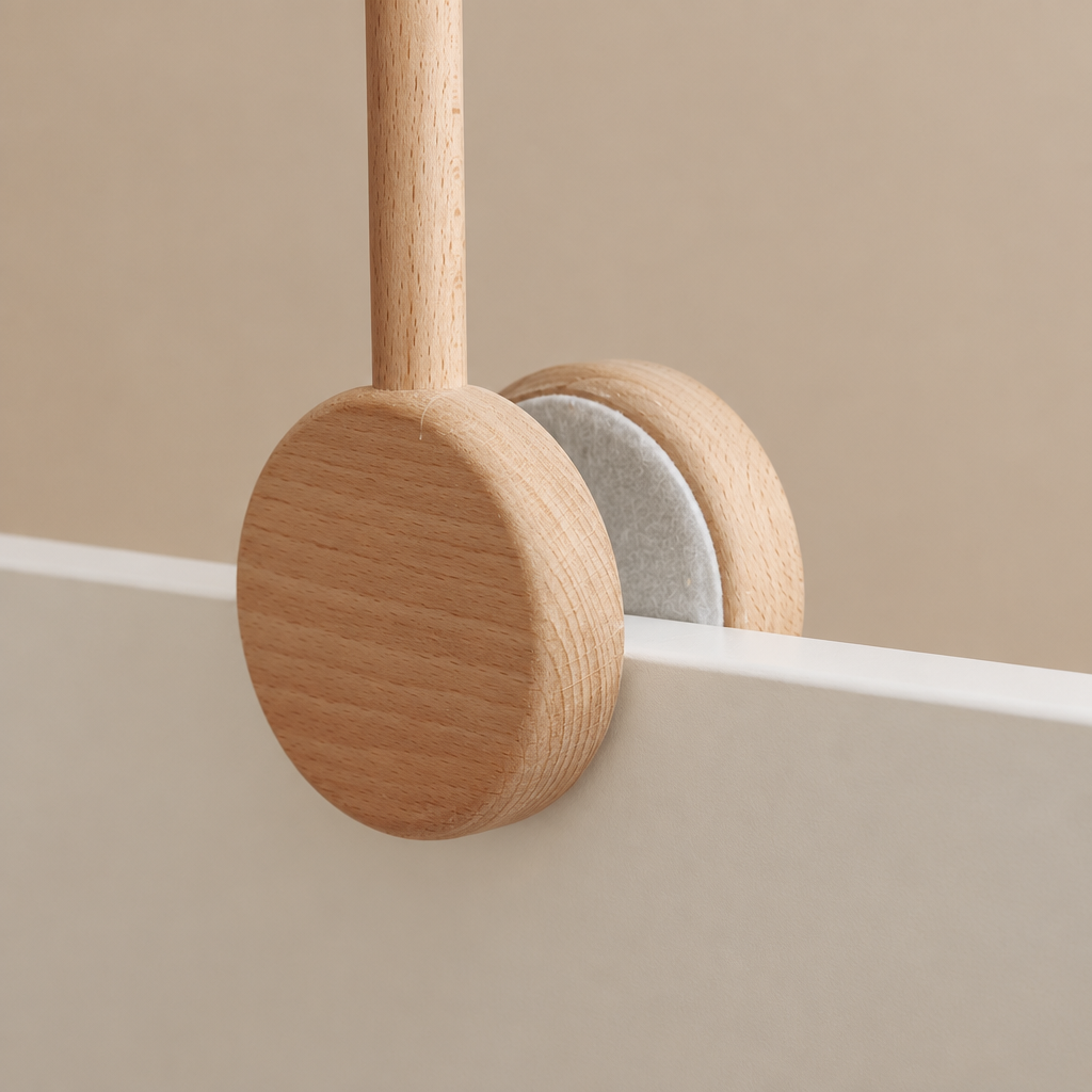 Bras fixe en bois pour mobile bébé – gros plan sur la fixation au lit