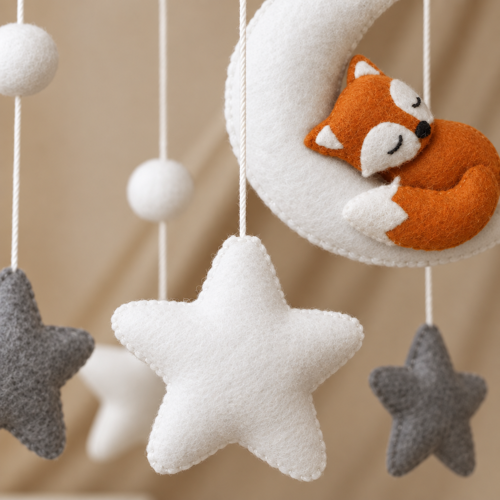Gros plan sur le renard endormi et l’étoile du mobile bébé artisanal