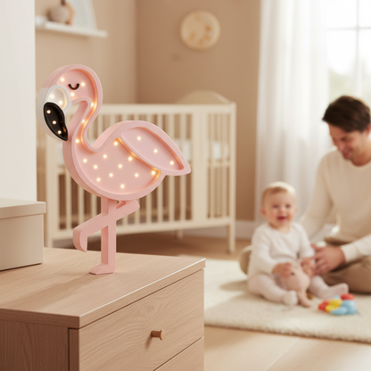 Veilleuse bébé Flamant Rose en gros plan dans une chambre lumineuse