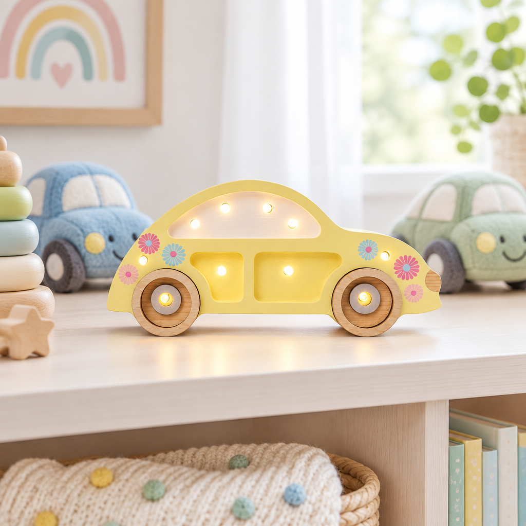 Gros plan sur la veilleuse Voiture jaune décorée de fleurs