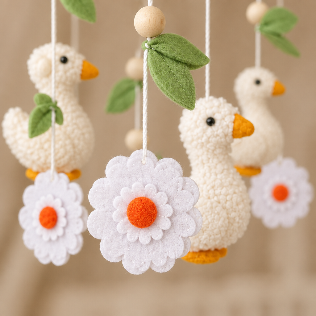 Gros plan sur les fleurs en feutre du mobile bébé artisanal avec canetons