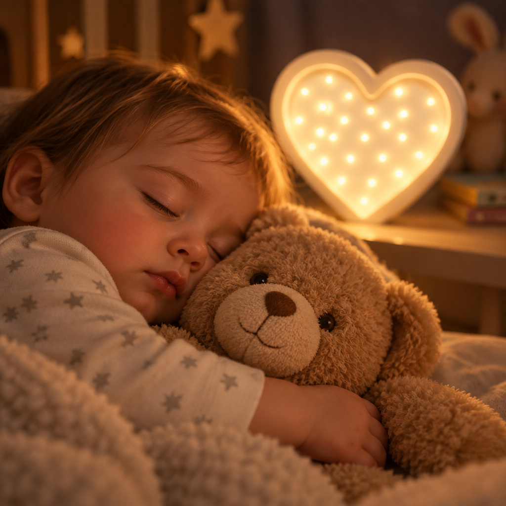 Bébé endormi avec sa peluche devant la veilleuse Cœur allumée
