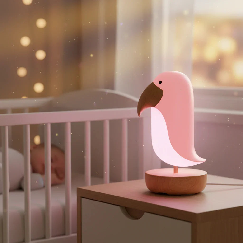 gros-plan-veilleuse-oiseau-rose-sur-table-de-nuit-scandinave