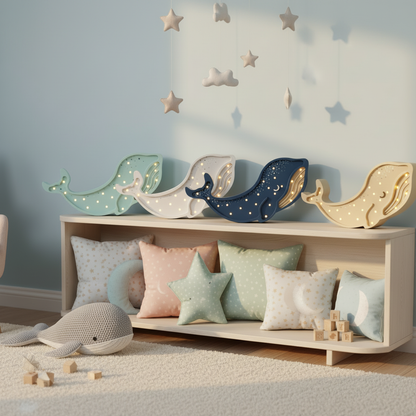 Veilleuses bébé Baleine dans un coin de chambre bébé