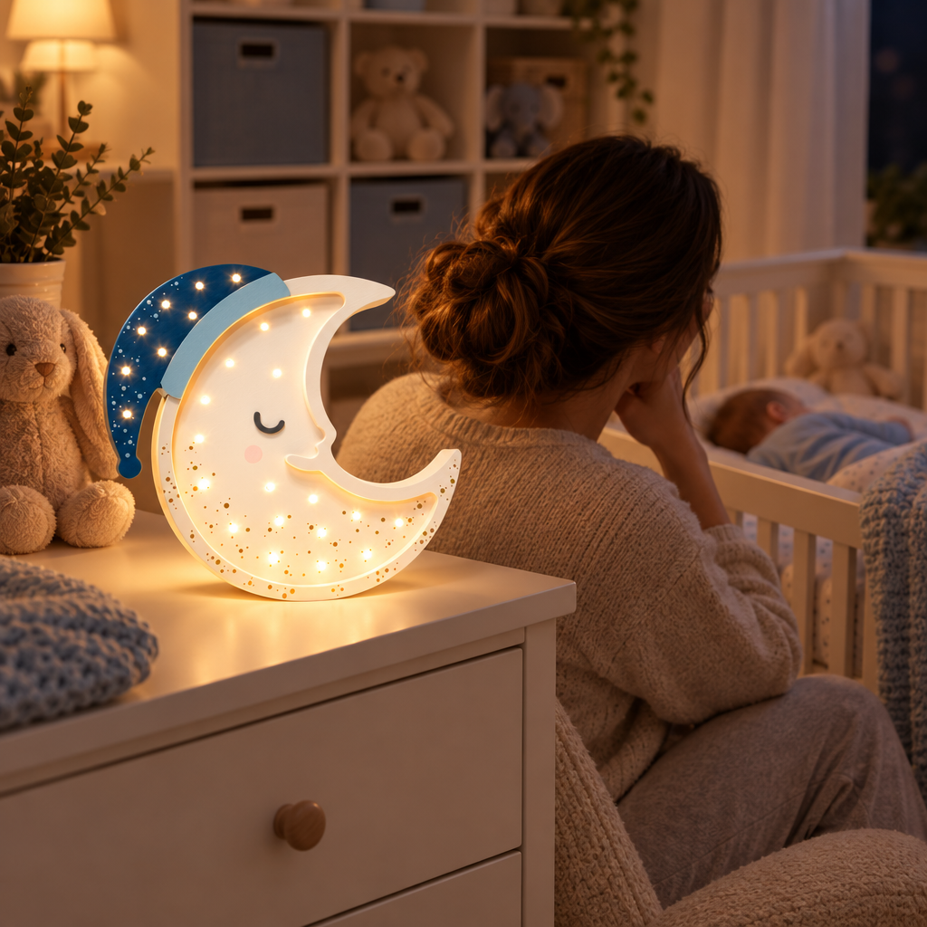 Maman près du berceau avec la veilleuse bébé Lune allumée