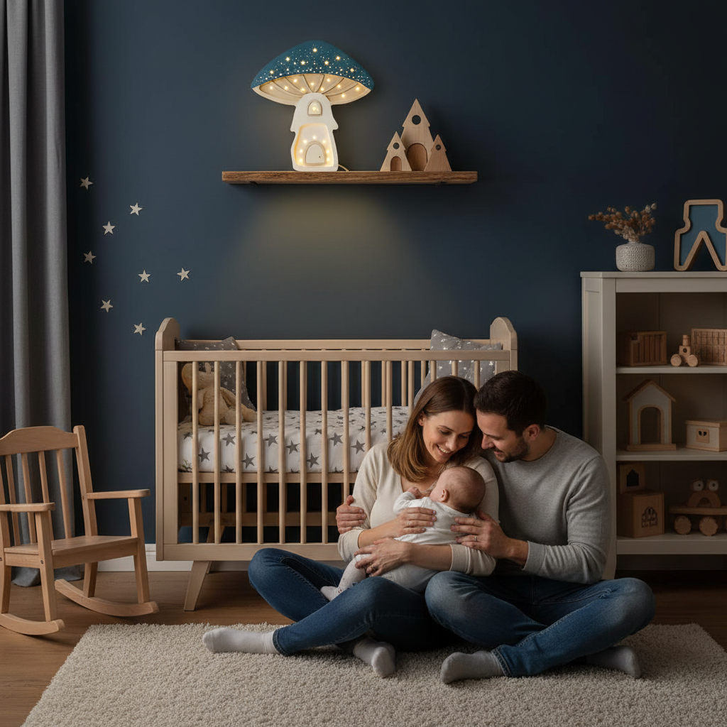 Maman, papa et bébé dans une chambre d’enfant décorée avec une veilleuse champignon Little Lights bleu nuit allumée