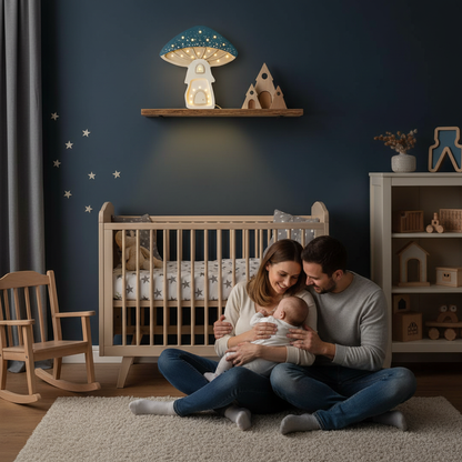 Maman, papa et bébé dans une chambre d’enfant décorée avec une veilleuse champignon Little Lights bleu nuit allumée