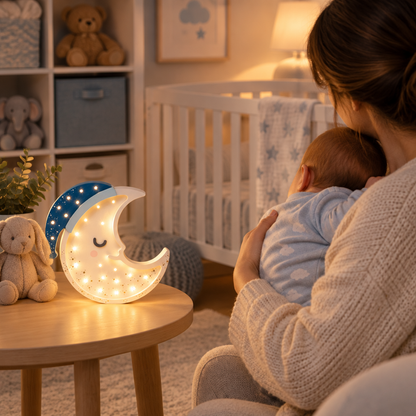 Maman tenant son bébé près de la veilleuse Lune allumée