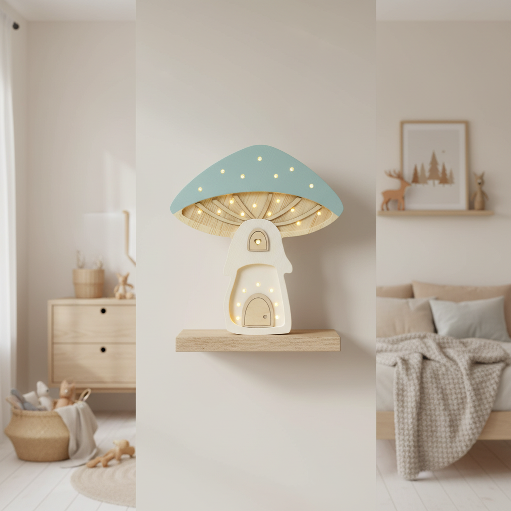 Veilleuse champignon Little Lights bleu pastel et crème allumée sur une étagère dans une chambre d’enfant décorée de style scandinave