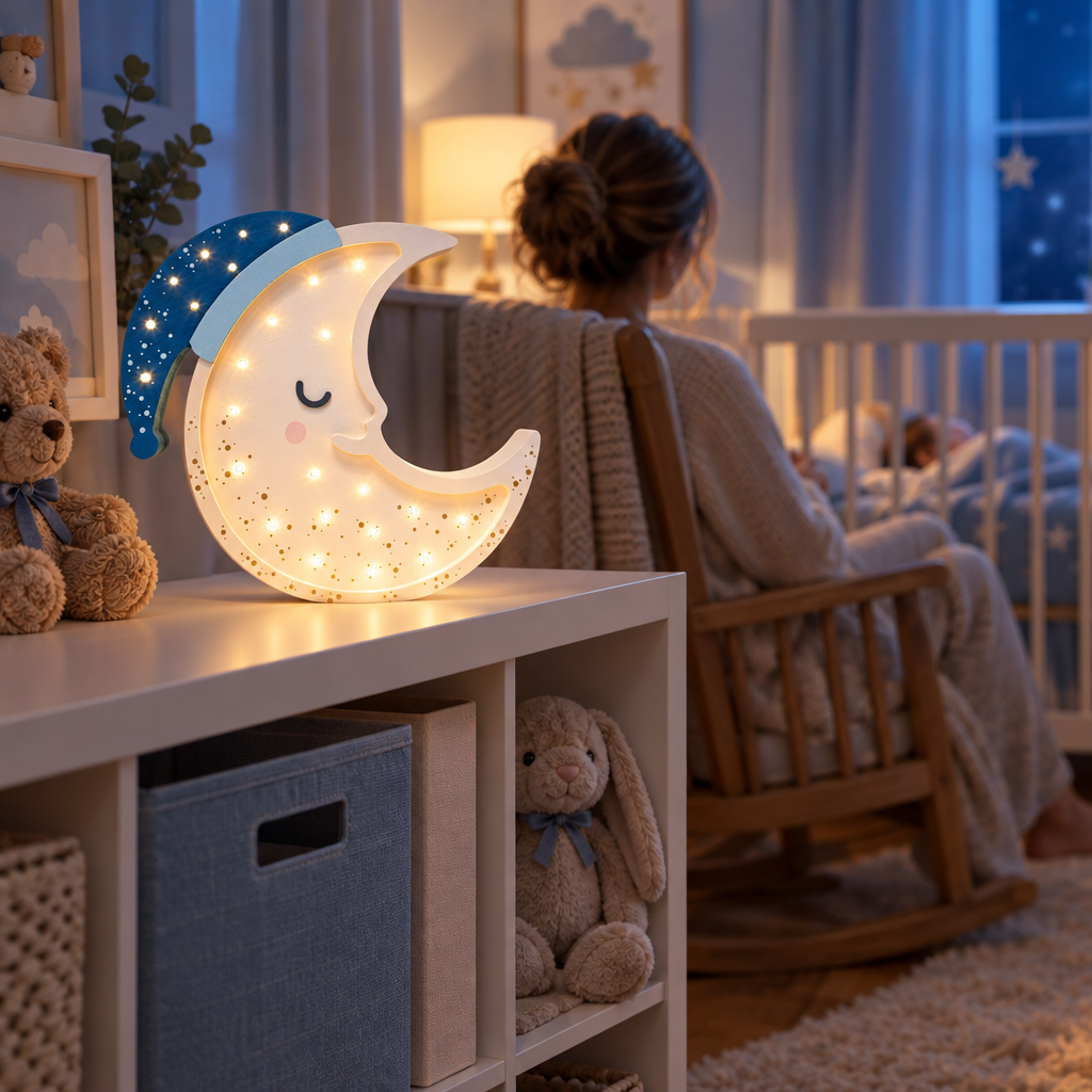 Maman dans un fauteuil près du berceau avec la veilleuse Lune