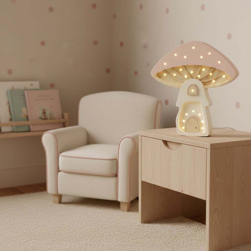 Veilleuse champignon Little Lights rose poudré et crème allumée dans un coin lecture cosy d’une chambre d’enfant