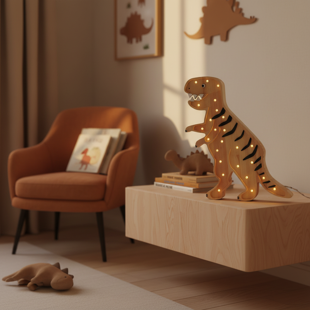 Veilleuse dinosaure T-Rex en bois clair Little Lights allumée sur une étagère dans une chambre d’enfant moderne aux tons naturels
