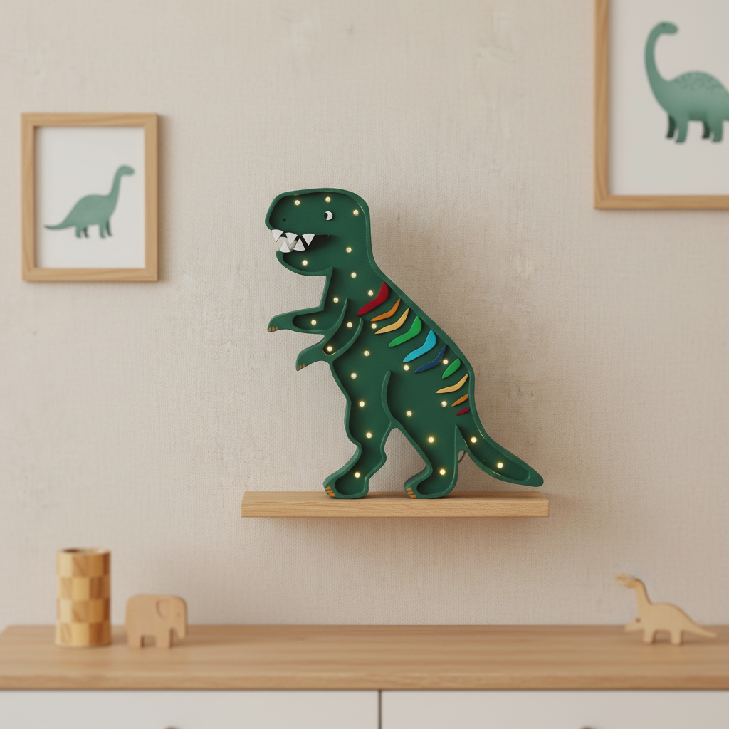 Veilleuse dinosaure T-Rex verte Little Lights allumée sur une étagère dans une chambre d’enfant décorée de style scandinave