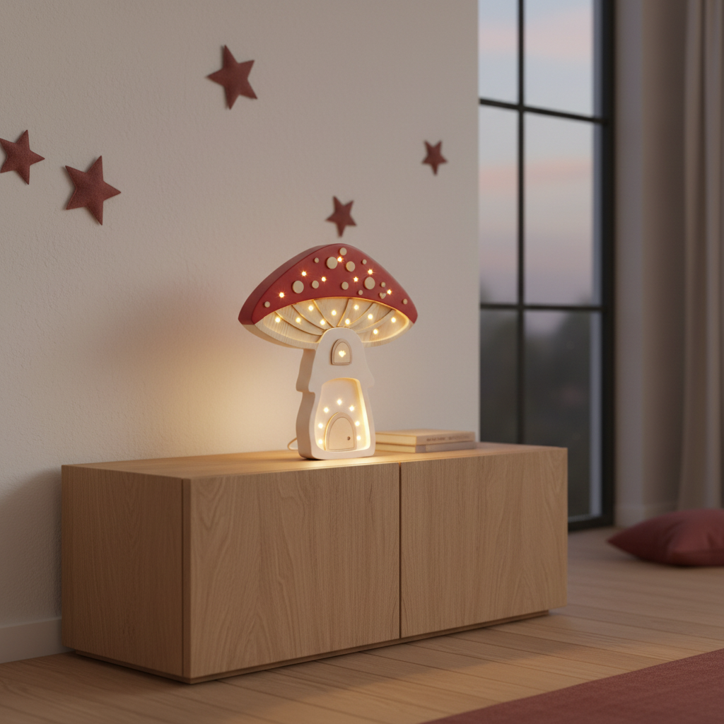 Veilleuse champignon Little Lights rouge et crème allumée dans une chambre d’enfant moderne aux tons naturels