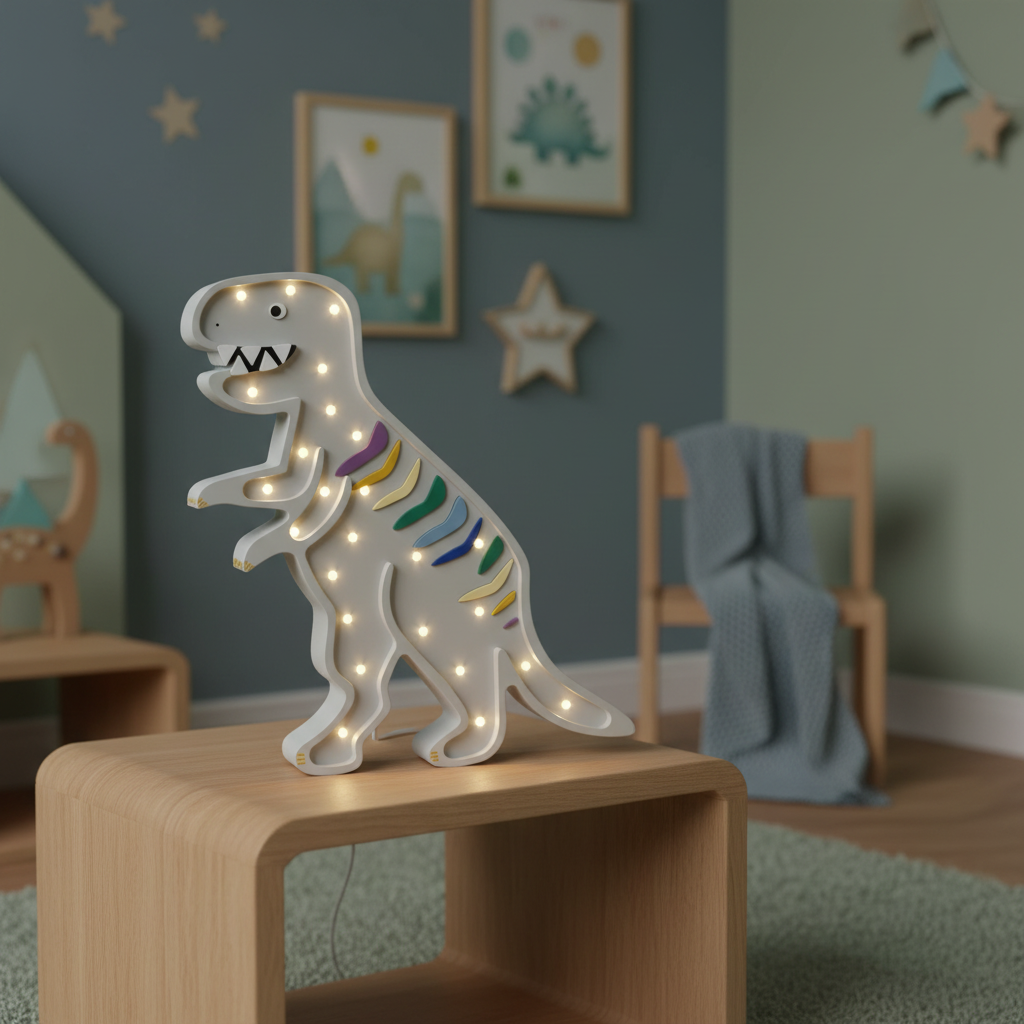 Veilleuse dinosaure T-Rex Little Lights allumée sur une table de chevet dans une chambre d’enfant aux tons pastel