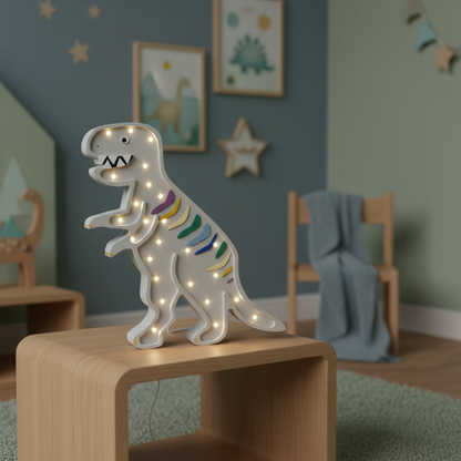 Veilleuse dinosaure T-Rex Little Lights allumée sur une table de chevet dans une chambre d’enfant aux tons pastel