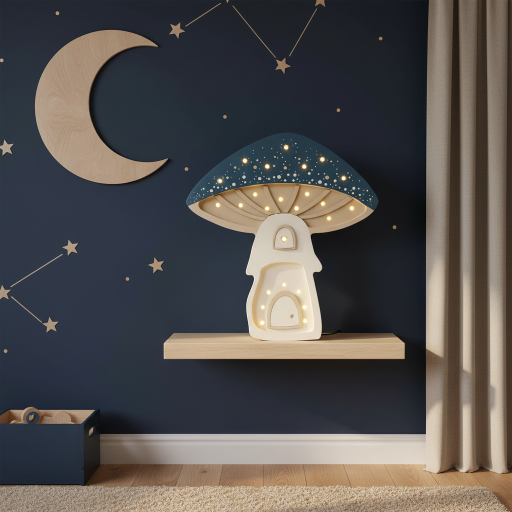 Veilleuse champignon Little Lights bleu nuit et crème allumée dans une chambre d’enfant décorée sur le thème des étoiles