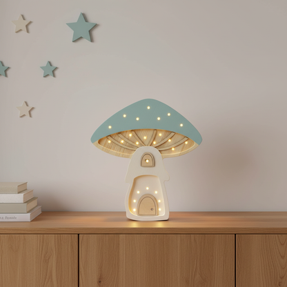 Veilleuse champignon Little Lights bleu pastel et crème allumée dans une chambre d’enfant moderne aux tons naturels