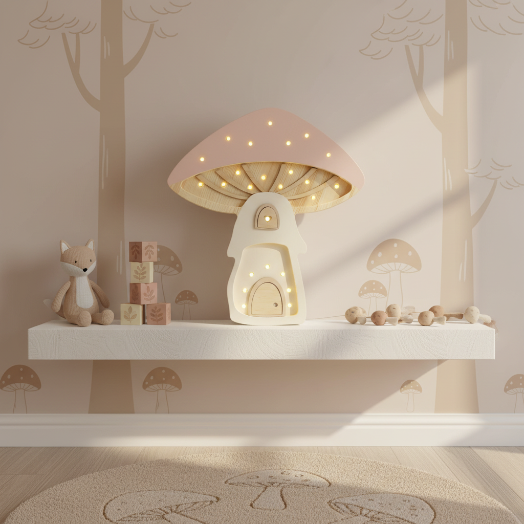 Veilleuse champignon Little Lights rose poudré et crème allumée dans une chambre d’enfant décorée sur le thème de la forêt