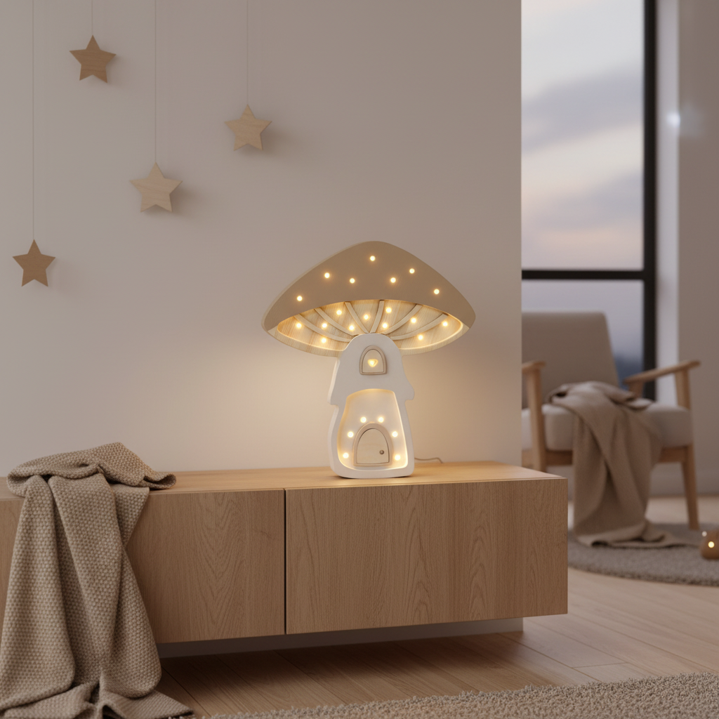 Veilleuse champignon Little Lights beige et crème allumée dans une chambre d’enfant moderne aux tons naturels