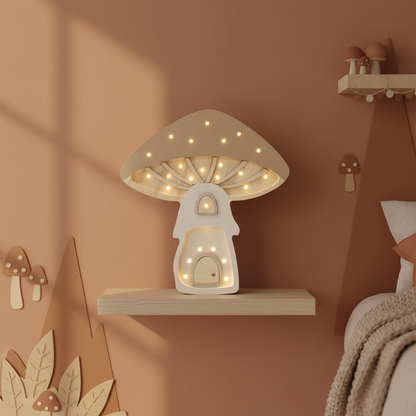 Veilleuse champignon Little Lights beige et crème allumée dans une chambre d’enfant décorée sur le thème de la forêt