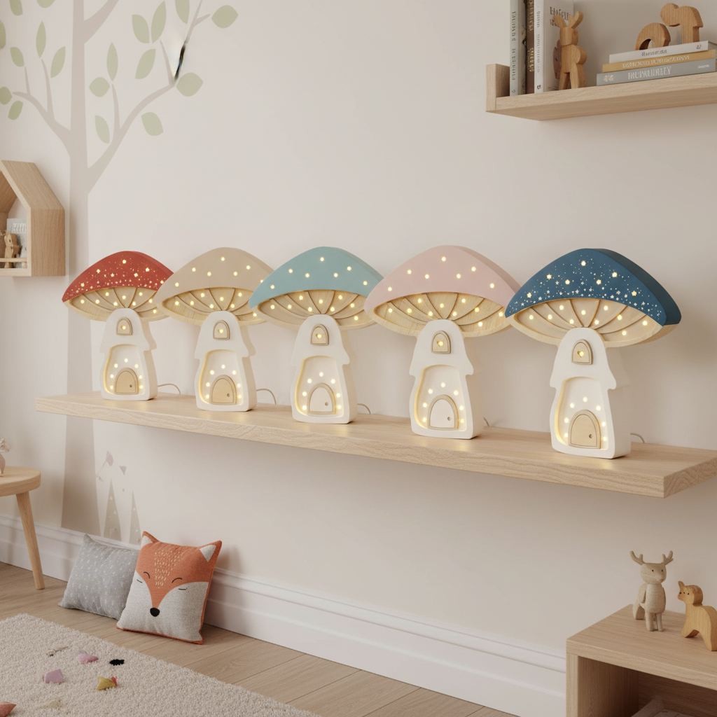 Cinq veilleuses champignon Little Lights rouges, beiges, bleu pastel, rose poudré et bleu nuit allumées ensemble dans une chambre d’enfant décorée