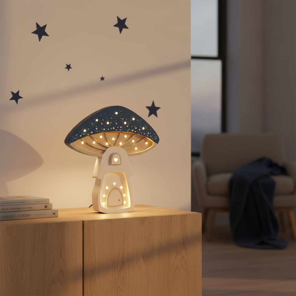 Veilleuse champignon Little Lights bleu nuit et crème allumée dans une chambre d’enfant moderne aux tons naturels