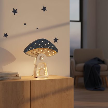 Veilleuse champignon Little Lights bleu nuit et crème allumée dans une chambre d’enfant moderne aux tons naturels