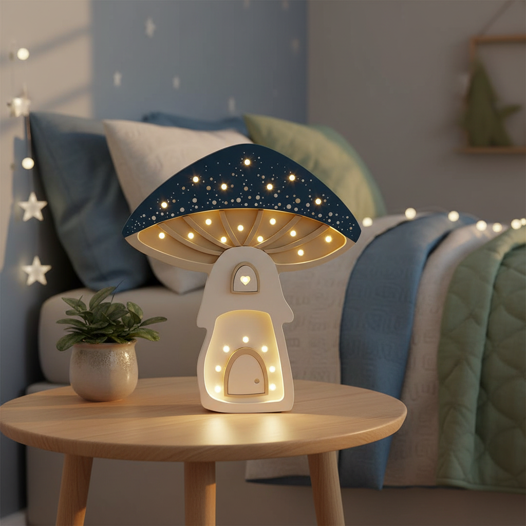 Veilleuse champignon Little Lights bleu nuit et crème allumée sur une table de chevet dans une chambre d’enfant chaleureuse