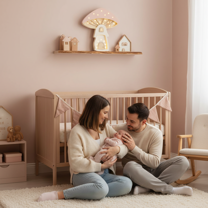 Maman, papa et bébé dans une chambre d’enfant chaleureuse avec une veilleuse champignon Little Lights rose poudré allumée sur une étagère