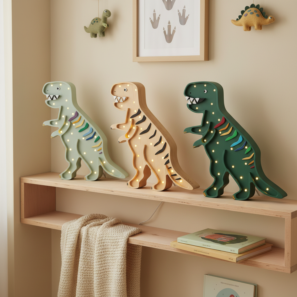 Trois veilleuses dinosaure T-Rex Little Lights en bois clair, vert et vert pastel allumées ensemble dans une chambre d’enfant décorée