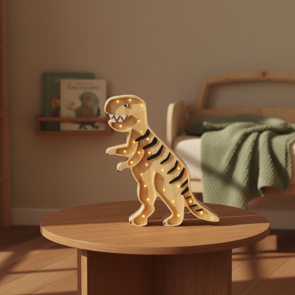 Veilleuse dinosaure T-Rex en bois clair Little Lights allumée sur une table de chevet dans une chambre d’enfant chaleureuse