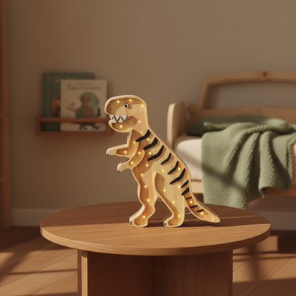 Veilleuse dinosaure T-Rex en bois clair Little Lights allumée sur une table de chevet dans une chambre d’enfant chaleureuse