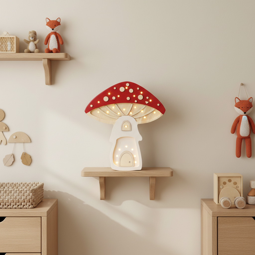 Veilleuse champignon Little Lights rouge et crème allumée sur une étagère dans une chambre d’enfant décorée de style scandinave